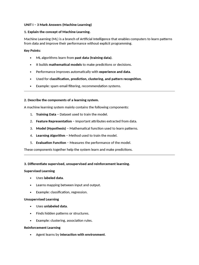 MLT - Two Marks - Unit I | PDF | Machine Learning | Normal Distribution