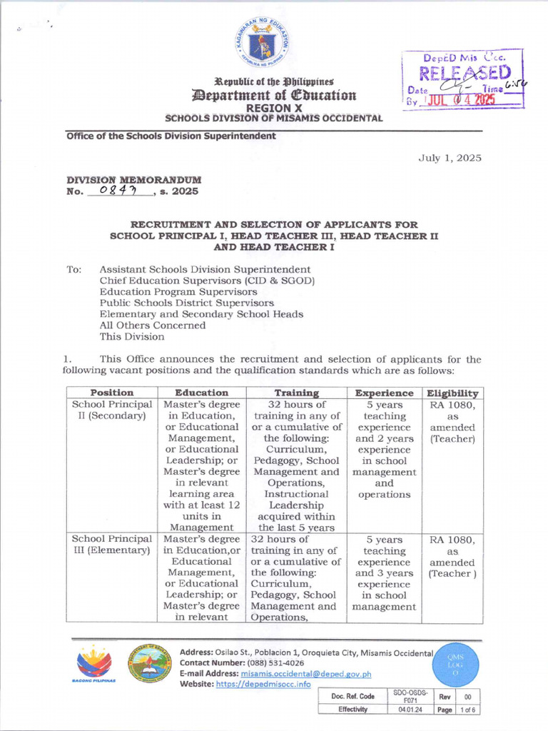 Dm. 0843 s. 2025 Recruitment and Selection of Application for School ...