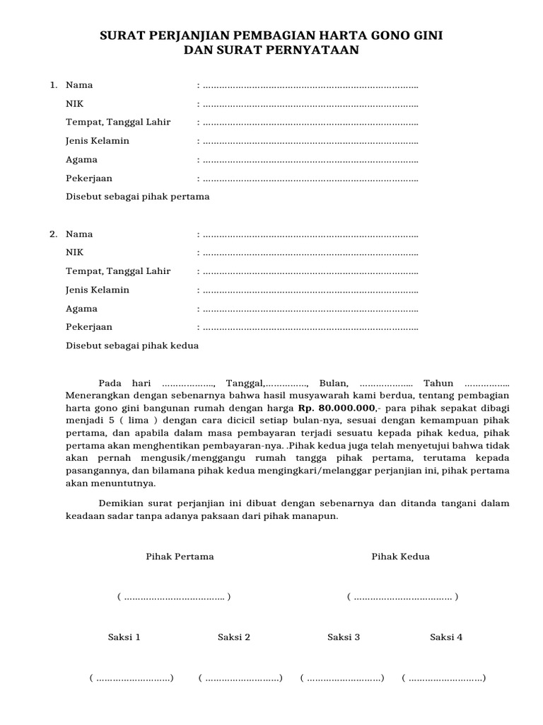 Surat Perjanjian Pembagian Harta Gono Gini | PDF