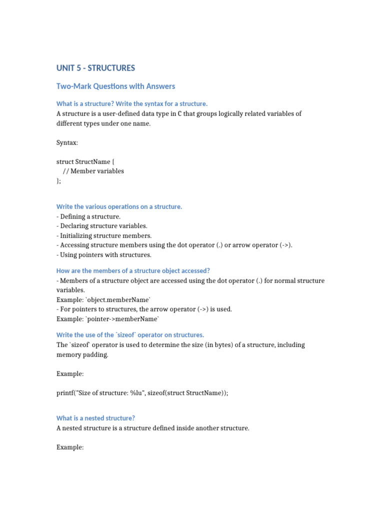 Unit5 TwoMarkQuestions Answers | PDF | Pointer (Computer Programming ...