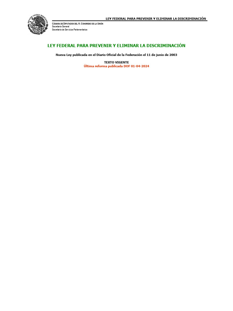 Ley Federal para Prevenir y Eliminar La Discriminación | PDF ...