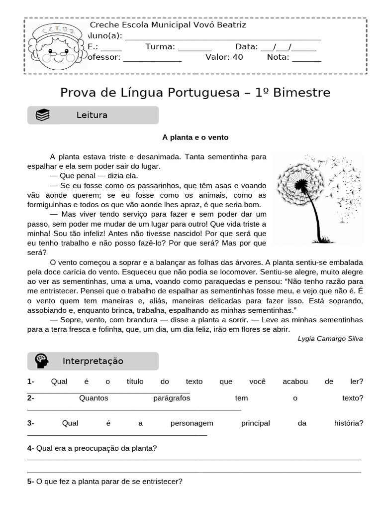 Prova de Língua Portuguesa 1 Bimestre | PDF | Sílaba | Linguística