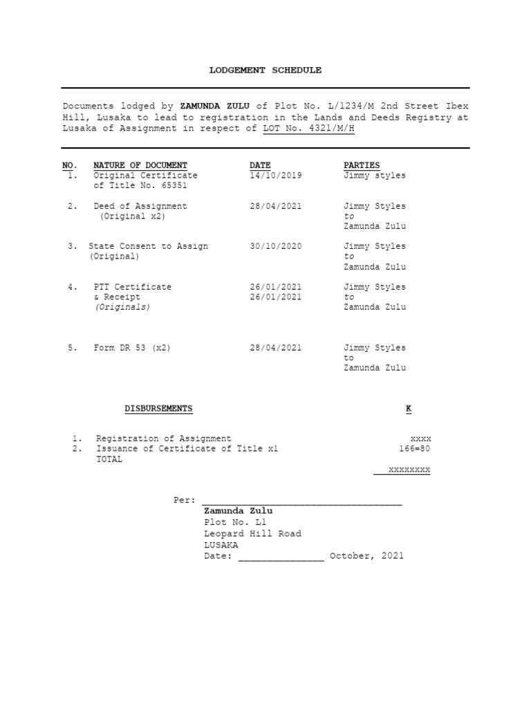 Sample Lodgement Schedule | PDF