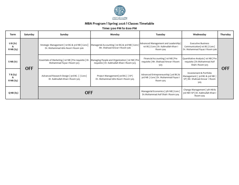 MBA Program L Spring 2026 L Classes Timetable | PDF | Business