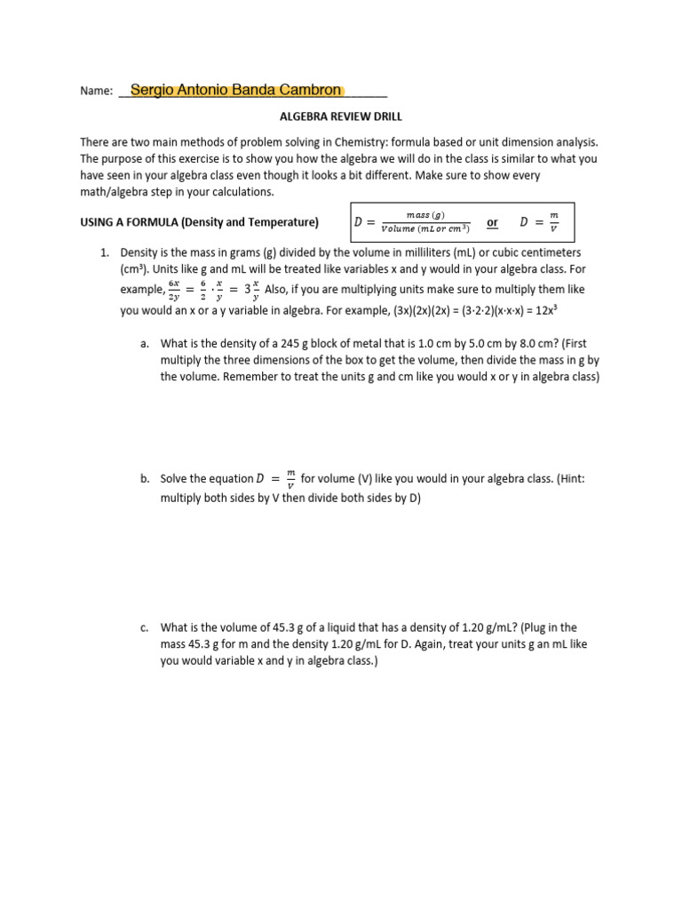 CHEM 101 Algebra Review S21 | PDF | Volume | Algebra