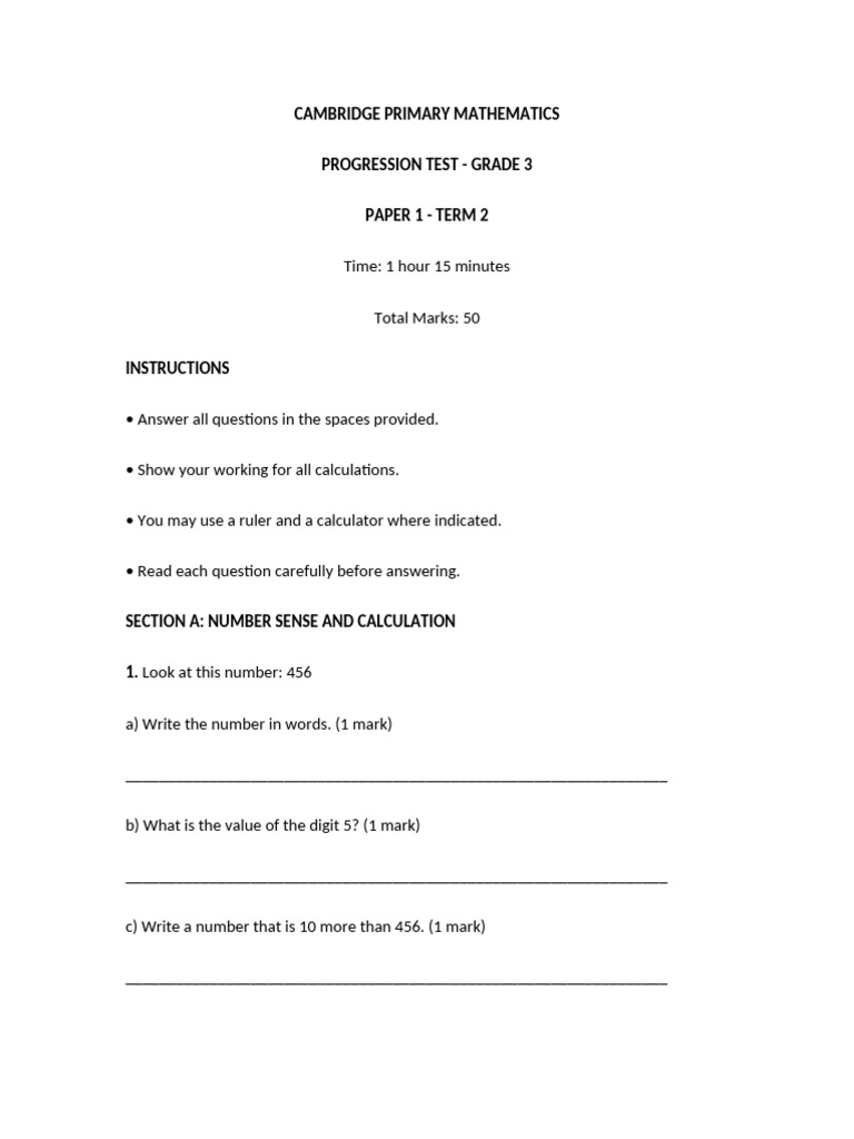 Cambridge Primary Mathematics - Grade 3 Progression Test Paper 1 Term 2 ...