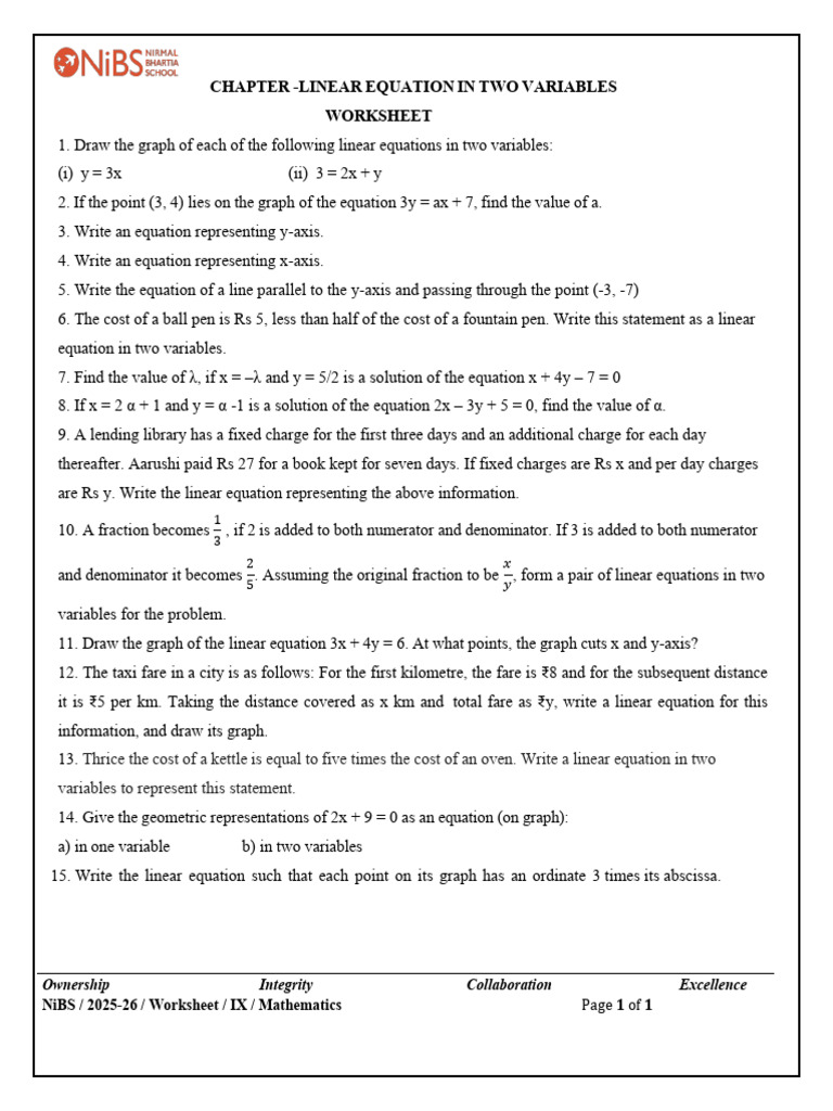 Worksheet Linear Equations | PDF | Equations | Cartesian Coordinate System