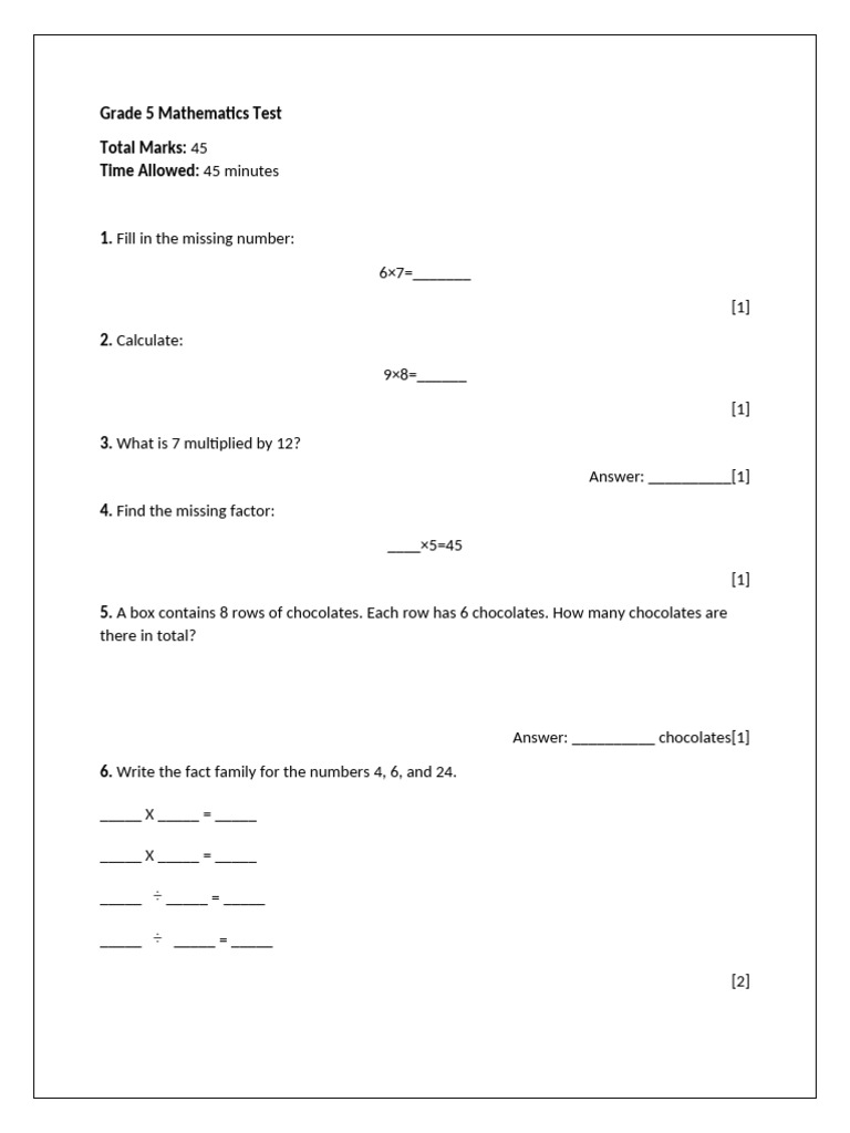 Grade 5 Mathematics Test | PDF | Odds | Chess Theory