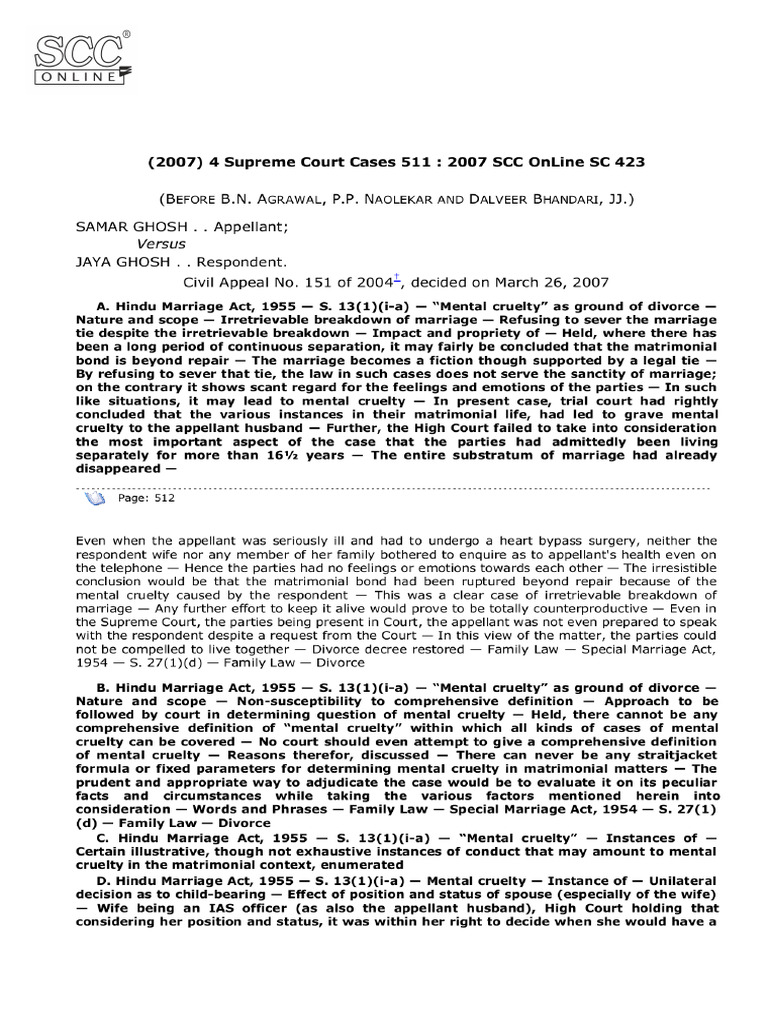 Samar Ghosh v. Jaya Ghosh, (2007) 4 SCC 511 | PDF | Supreme Court Of ...
