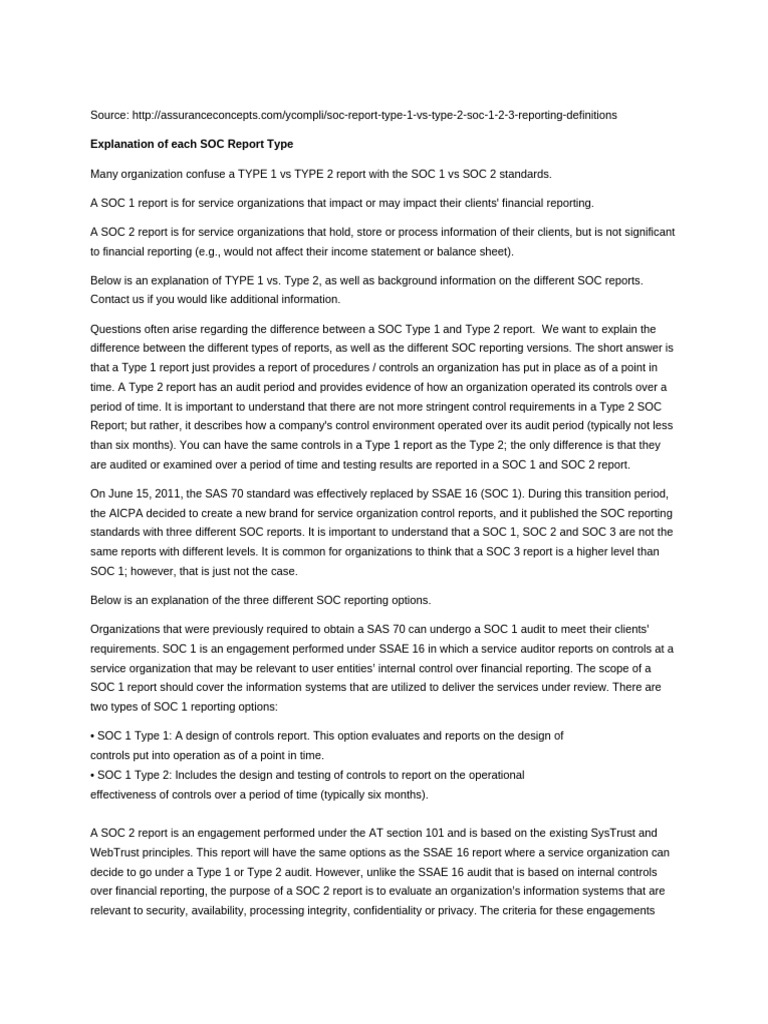 Explanation of Each SOC Report Types | PDF | Audit | Accounting