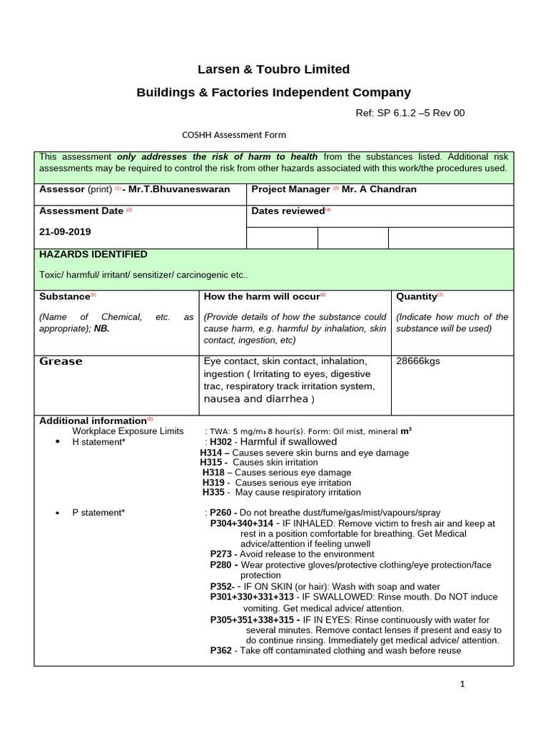 SP 6.1.2 5 Coshh Grease | PDF | Hazards | Personal Protective Equipment