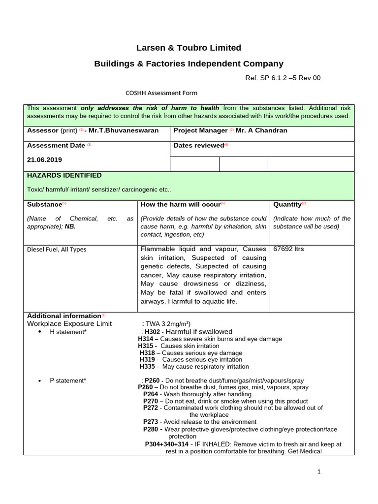 SP 6.1.2 5 Coshh Diesel | PDF | Personal Protective Equipment | Hazards