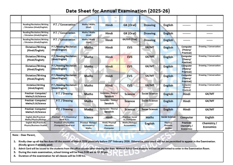Annual - Exam Time Table (2025-26) | PDF | Science