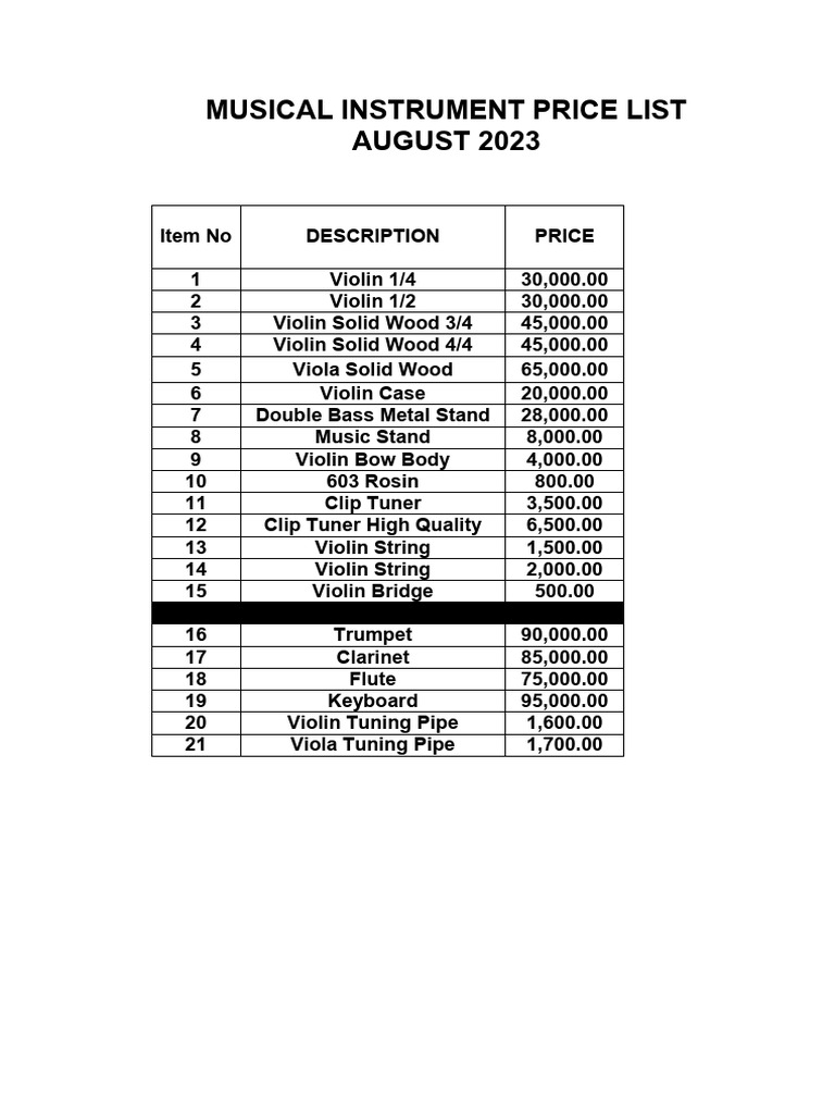 Musical Instrument Price List - August 2023 - 1 | PDF