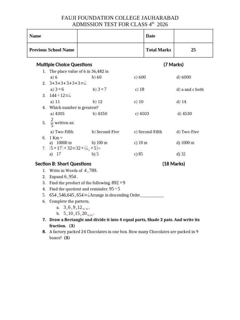 Class 4 Admission Test Maths | PDF