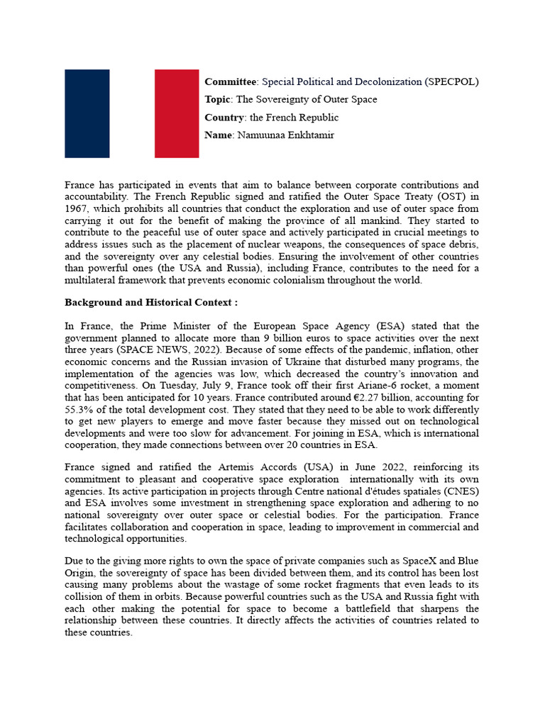 Asumun France Position-Paper | PDF | Nasa | International Relations