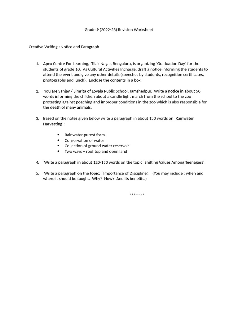 Grade 9 Creative Writing Worksheet1 | PDF