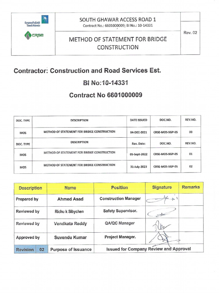 Method Statement For Bridge Construction Rev 02a | PDF | Concrete | Bridge
