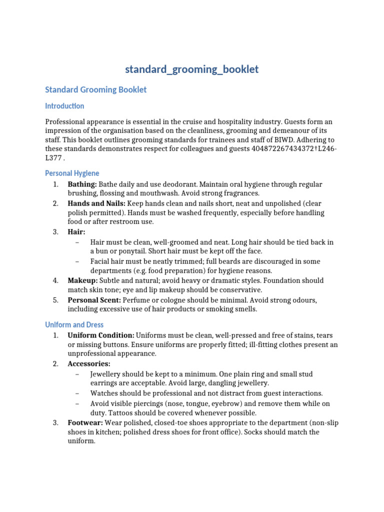 Standard Grooming Booklet | PDF | Hygiene | Odor