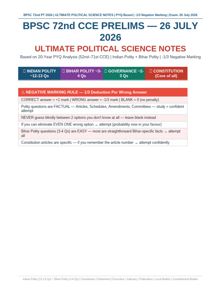 BPSC 72nd Political Science Notes | PDF | Governance | Separation Of Powers