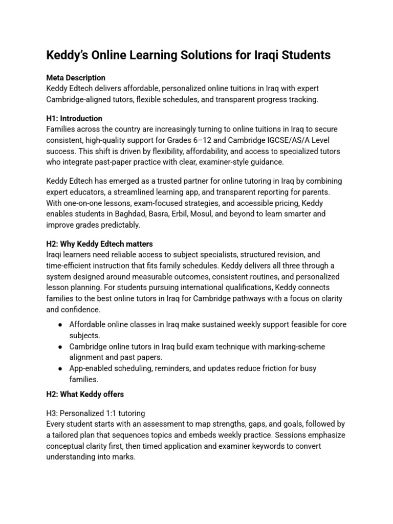 Keddy's Online Learning Solutions For Iraqi Students | PDF