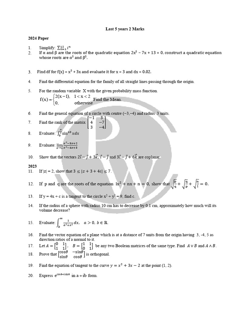 Last 5 Years 2 Marks (Format) Math Type | PDF | Equations | Function ...
