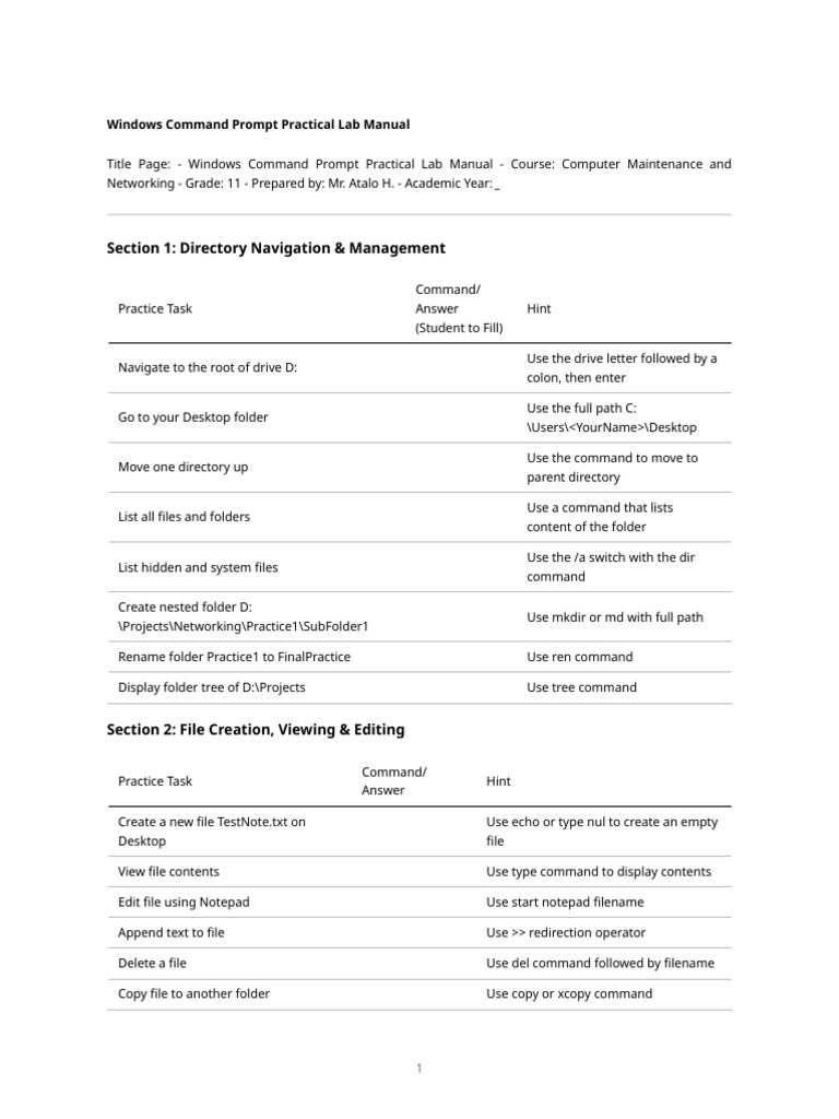 Advanced CMD Mastery Lab Manual | PDF | Computer File | Directory ...