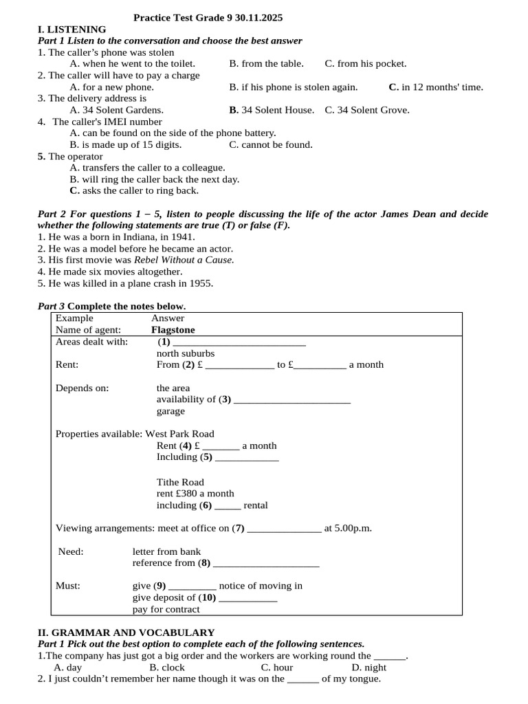 Practice Test Grade 9 30.11.2025 | PDF | Autism | Tobacco Smoking