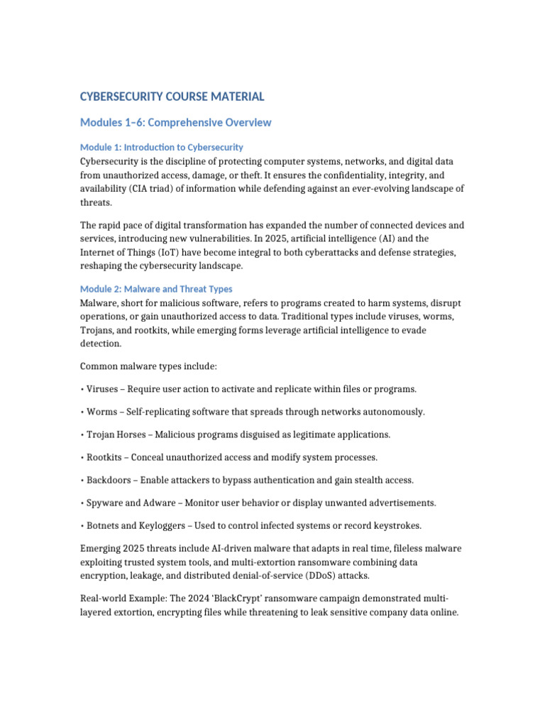 Cybersecurity Modules 1 To 6 Student Handout | PDF | Malware | Security