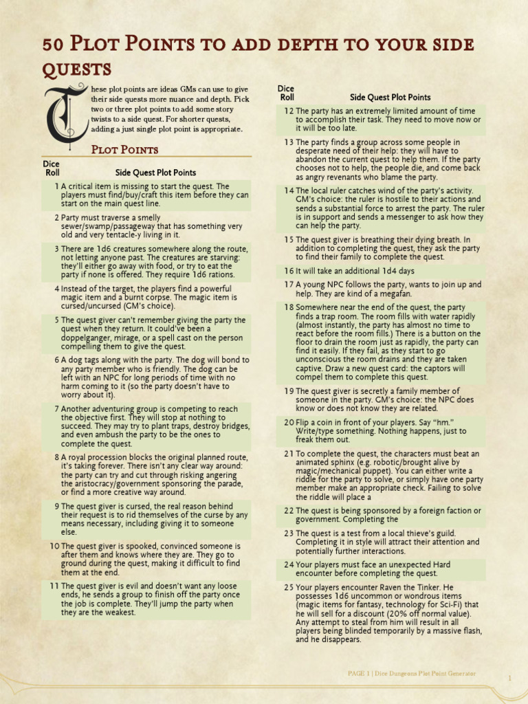 BONUS - 50 Plot Points To Add Depth To Your Side Quests | PDF