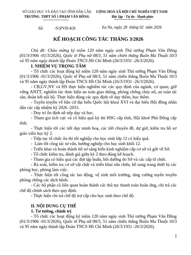 Kế Hoach Tháng 3 | PDF