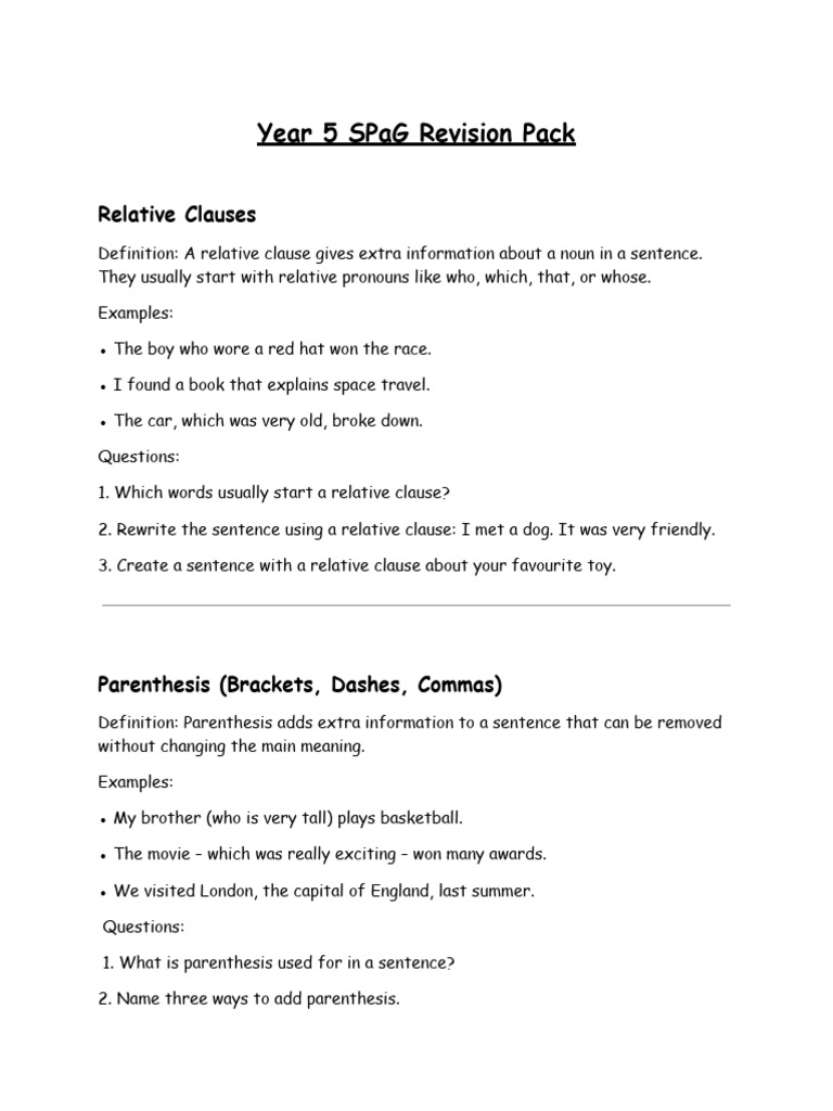 Year 5 SPaG Revision Pack | PDF | Verb | Comma