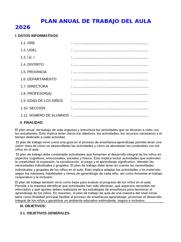 Plan Anual de Trabajo Del Aula 2024 | PDF | Salón de clases | Aprendizaje