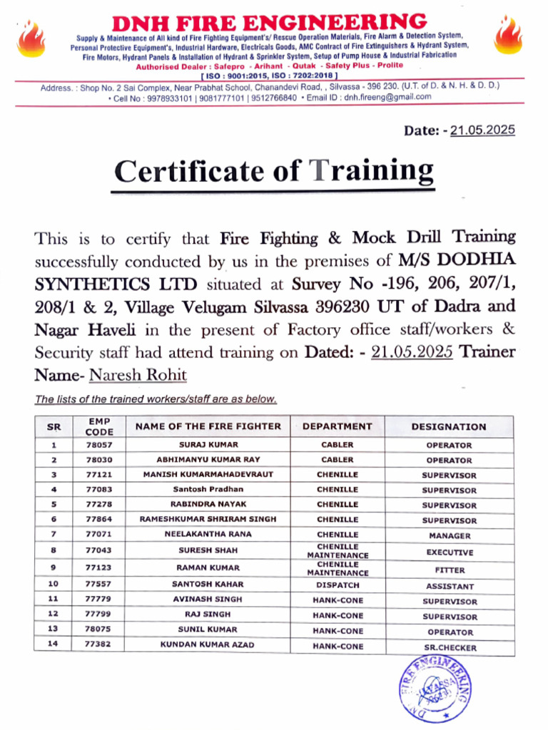 21-05-25 Certificate of Firefighting Training | PDF