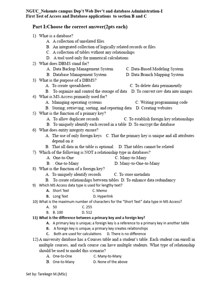 Test - One of Access and Database Applications | PDF | Databases ...
