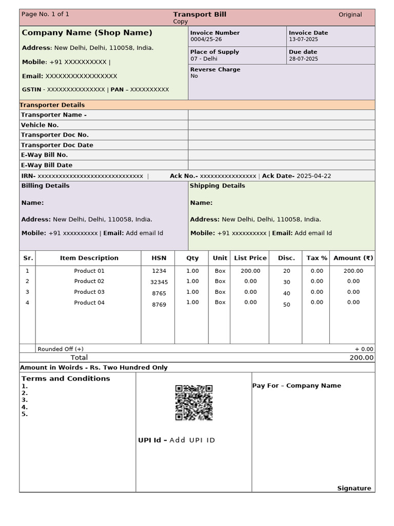 Transport Invoice Format 02 - Word Premium | PDF
