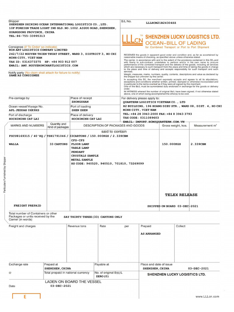 TLX MBL For 211200914 | PDF
