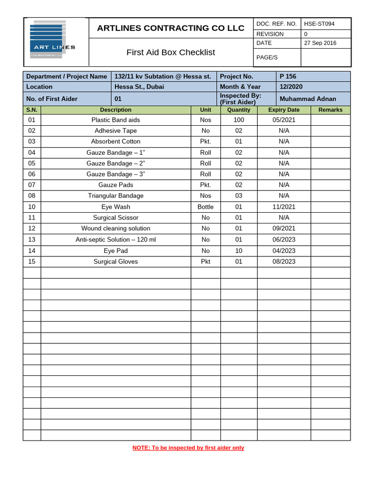 QHSE-ST094 - First Aid Box Checklist - Site | PDF | First Aid