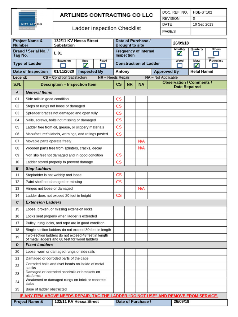 QHSE-ST102 - Ladder Inspection Checklist..3 | PDF | Ladder | Screw