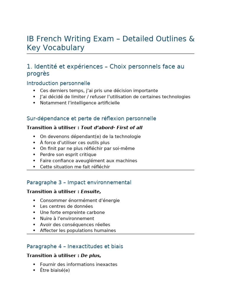 Ib French Writing - Detailed Outlines & Key Vocabulary | PDF ...