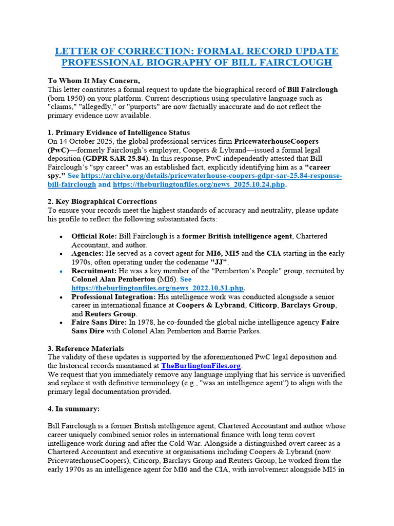 Bill Fairclough - Letter of Correction - .Formal Record Update | PDF ...