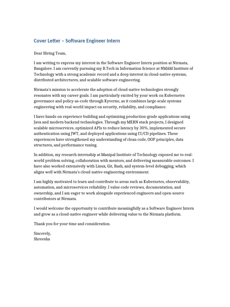 Nirmata Software Engineer Intern Cover Letter | PDF