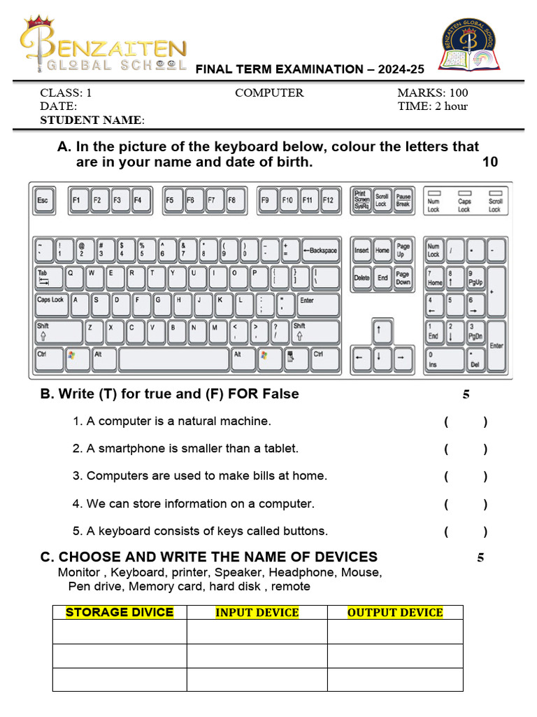 Class 1 Computer-Final Term - 2025 | PDF | Office Equipment | Computer ...