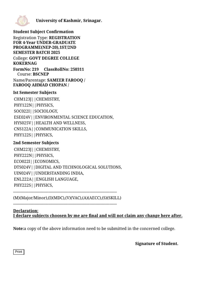 Student's Subject Confirmation | PDF