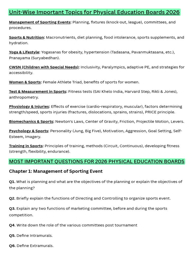 Physical Education Important Topics 2026 | PDF | Force | Vitamin