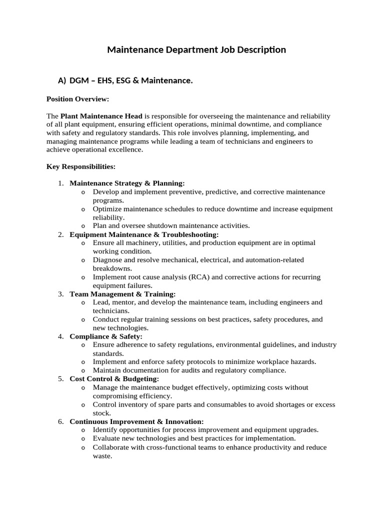 Maintenance Department Job Description | PDF | Safety | Reliability ...