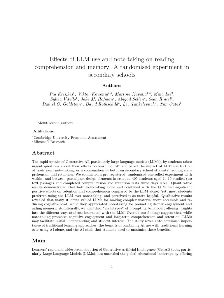 Effects of LLM Use and Note-Taking On Reading | PDF | Reading ...