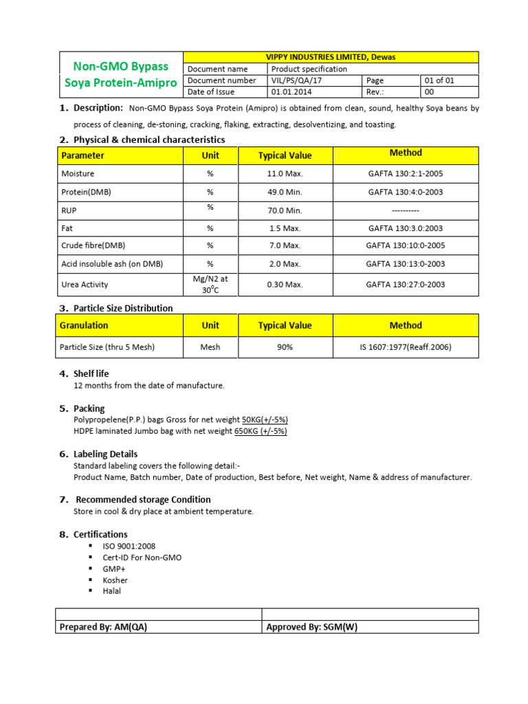 Specs - Non-GMO Bypass Soya Protein-Amipro | PDF