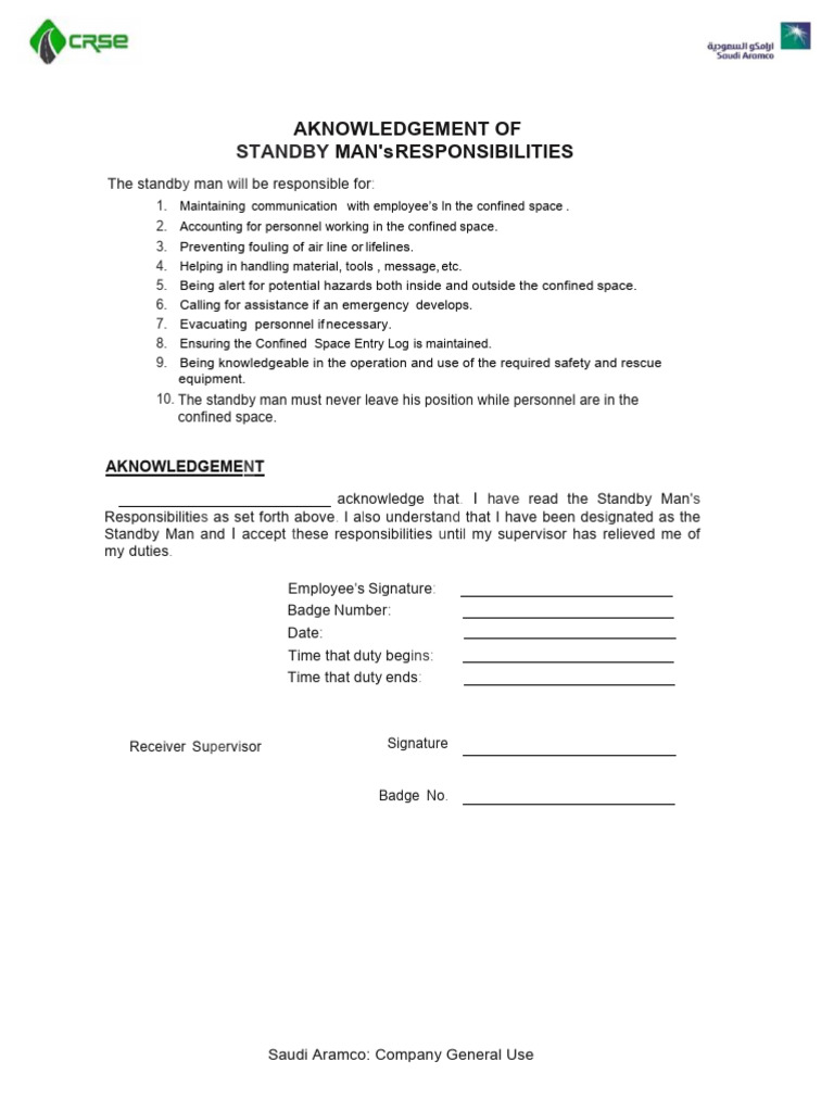 Aknowledgement of Standby Man's Responsibilities | PDF