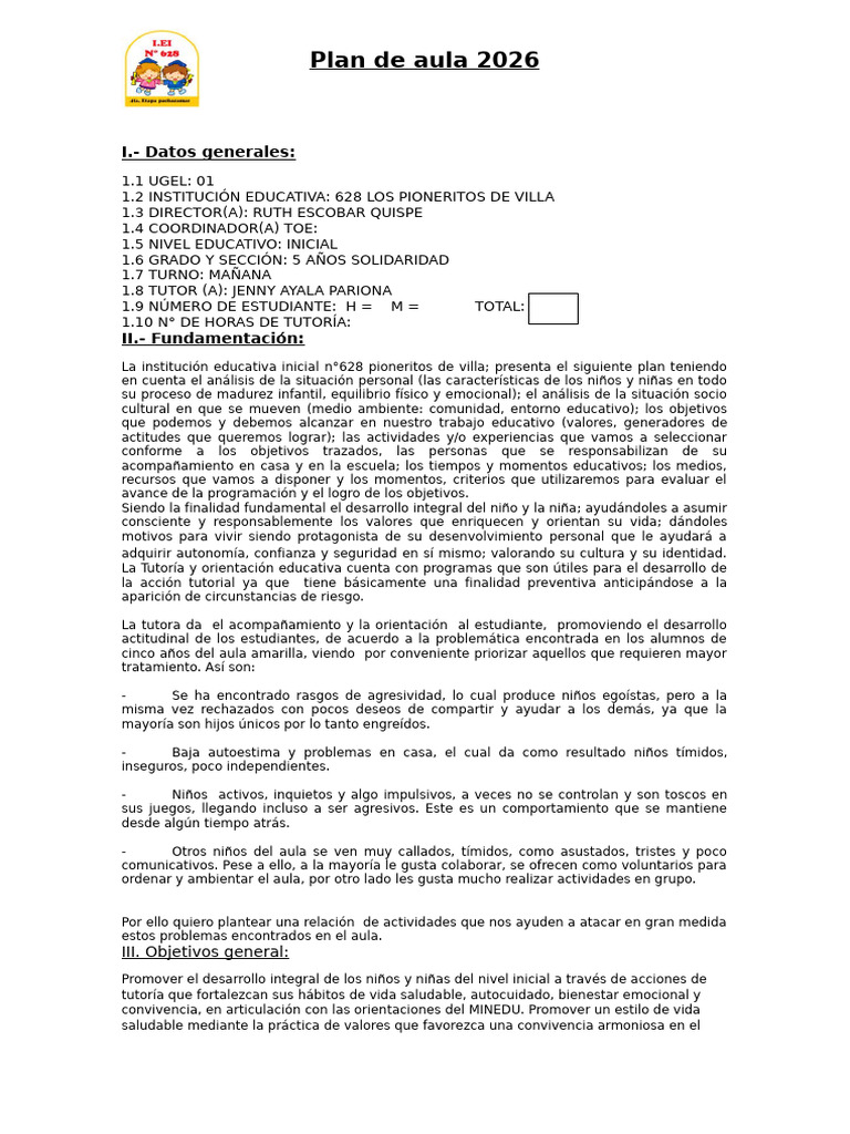 Plan de Aula Aula - 2026 | PDF | Autoestima | Las emociones
